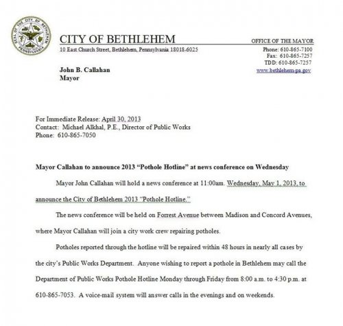 Photo post from Department of Public Works, Bethlehem PA.