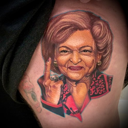 Betty White with bunny ears done by Zac  Infamous ink Waco TX  rtattoos