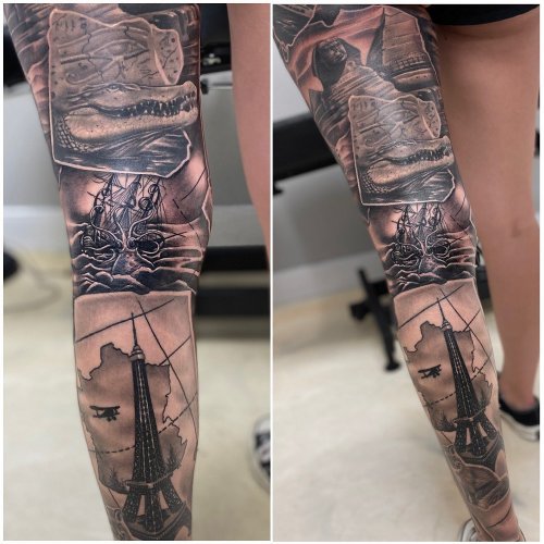 Inked and Judged Tattoo - Mexican/American collage sleeve started!!! What  y'all think. Super behind on post. Thank you for everyone's patience on  getting back on messages. Artist: Ryan Hutchings | Facebook