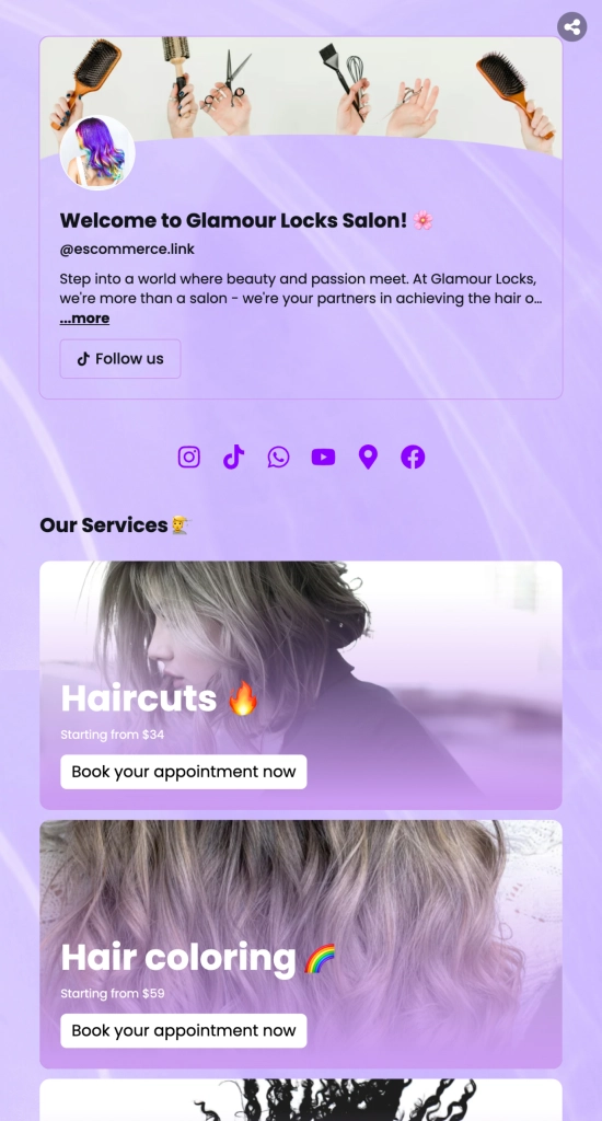 Hair Salon Landing Page and Link in Bio 