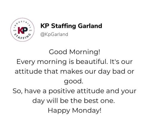 Photo post from KP Staffing Agency (Garland Branch).