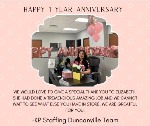 Photo post from KP Staffing Agency (Duncanville Branch).