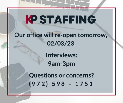Photo post from KP Staffing Agency (Carrollton Branch).