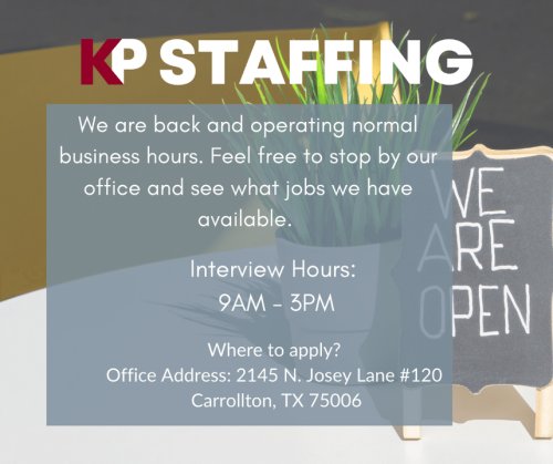 Photo post from KP Staffing Agency (Carrollton Branch).