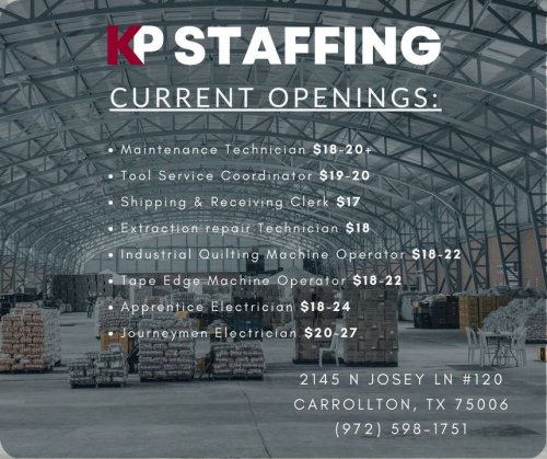 Photo post from KP Staffing Agency (Carrollton Branch).