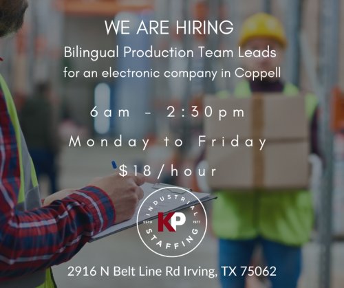Photo post from KP Staffing Agency (Irving Branch).