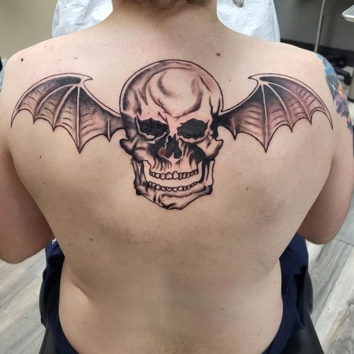 Deathbat tattoo half way done. Still gotta go back for the shading but I'm  incredibly happy with how it's turned out so far! : r/avengedsevenfold
