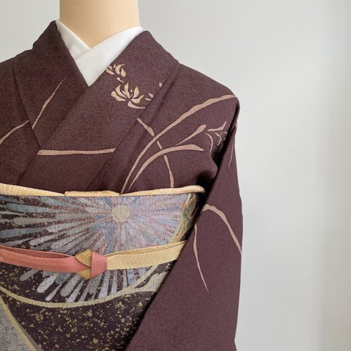 帯 螺鈿？ 和装 着物 オレンジ 花 鳥（折り鶴・男蝶女蝶図 朱