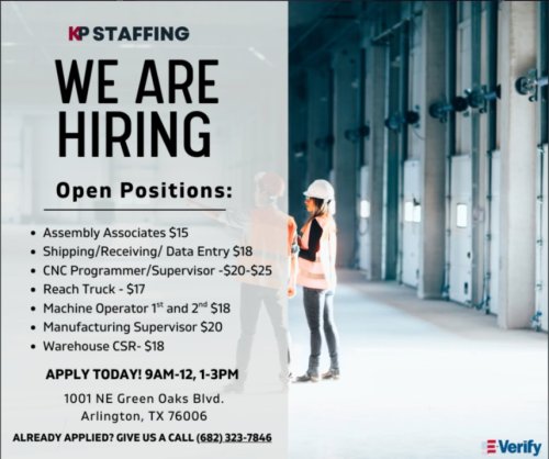 Photo post from KP Staffing Agency (Arlington Branch).