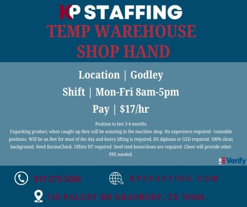 Photo post from KP Staffing Agency (Granbury Branch).