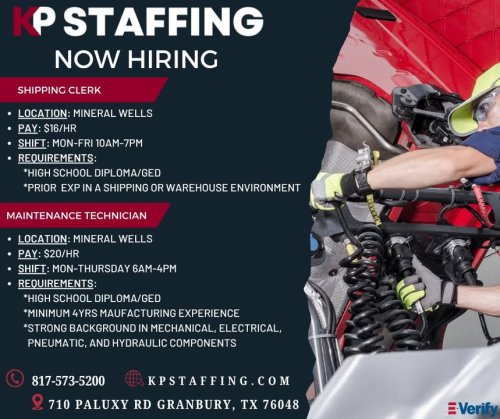 Photo post from KP Staffing Agency (Granbury Branch).