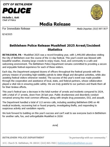 Carousel post from Bethlehem Police Department, Bethlehem, PA.