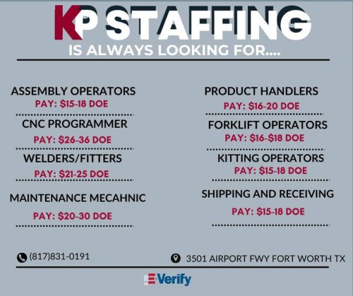 Photo post from KP Staffing Agency (Fort Worth Branch).