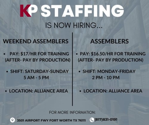 Carousel post from KP Staffing Agency (Fort Worth Branch).