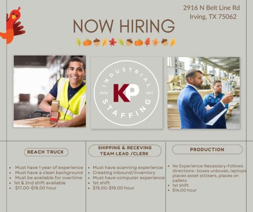 Photo post from KP Staffing Agency (Irving Branch).