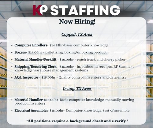 Photo post from KP Staffing Agency (Irving Branch).