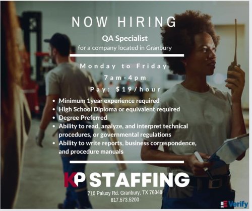 Photo post from KP Staffing Agency (Granbury Branch).