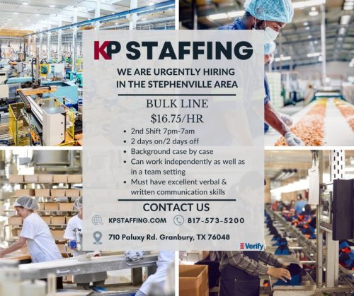 Photo post from KP Staffing Agency (Granbury Branch).