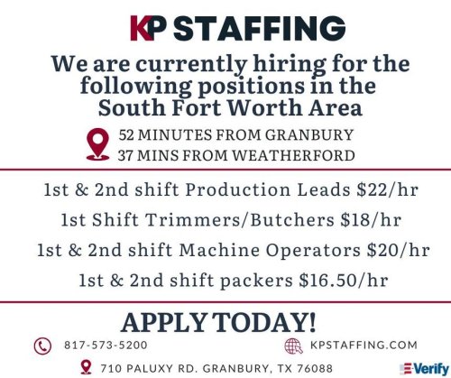 Photo post from KP Staffing Agency (Granbury Branch).
