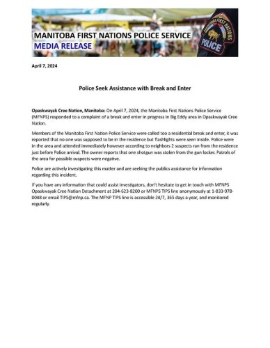 Photo post from Manitoba First Nations Police Service.