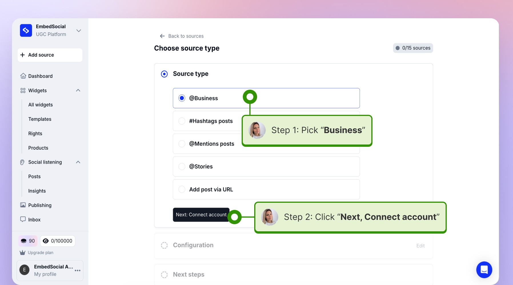 Selecting "Instagram Business" as an option and clicking on the "connect account" button