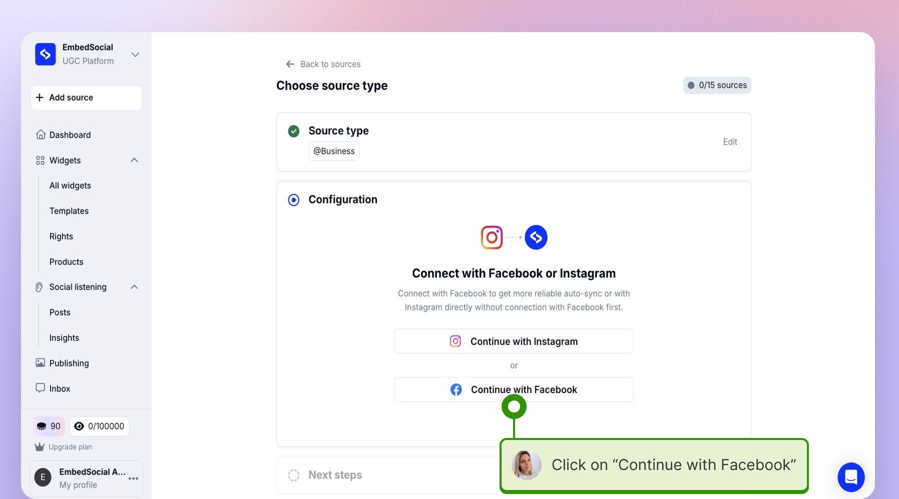 Picking the "Connect with Facebook" option