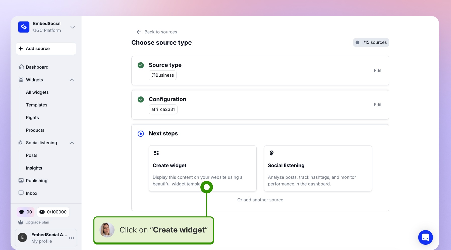 Clicking on "Create widget"