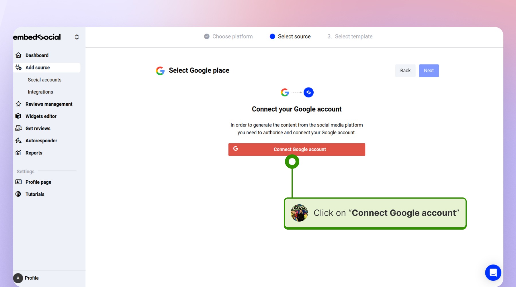 Clicking on the Connect Google account button