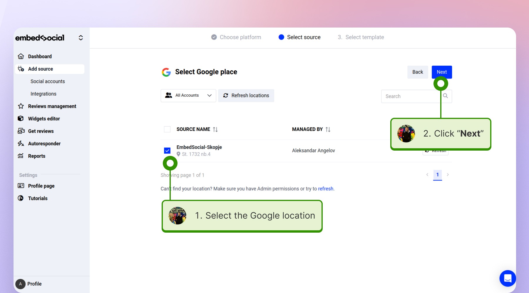 Choosing the Google location and clicking on the Next button