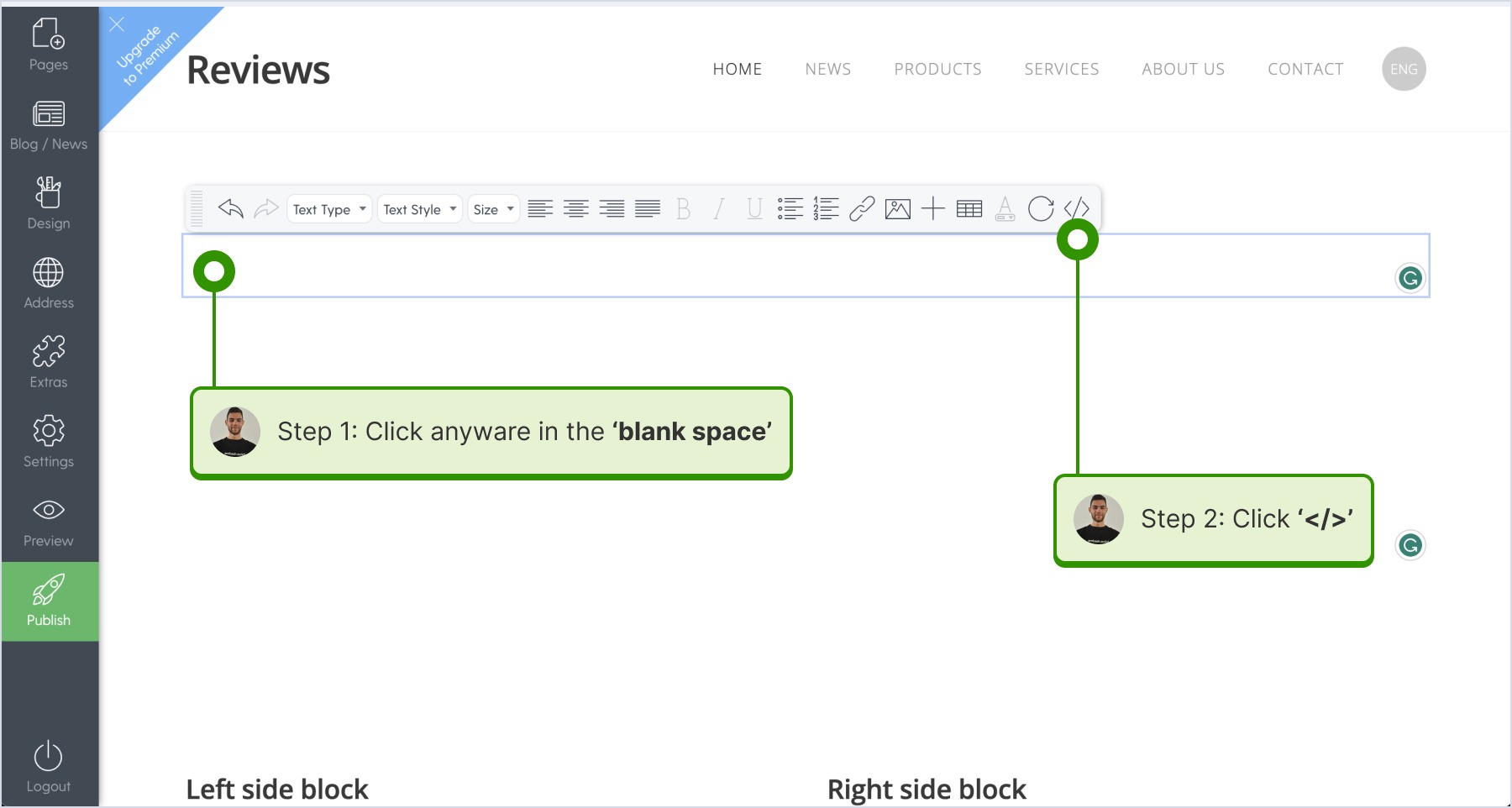 Accessing the website, clicking on a blank space and clicking the '' icon