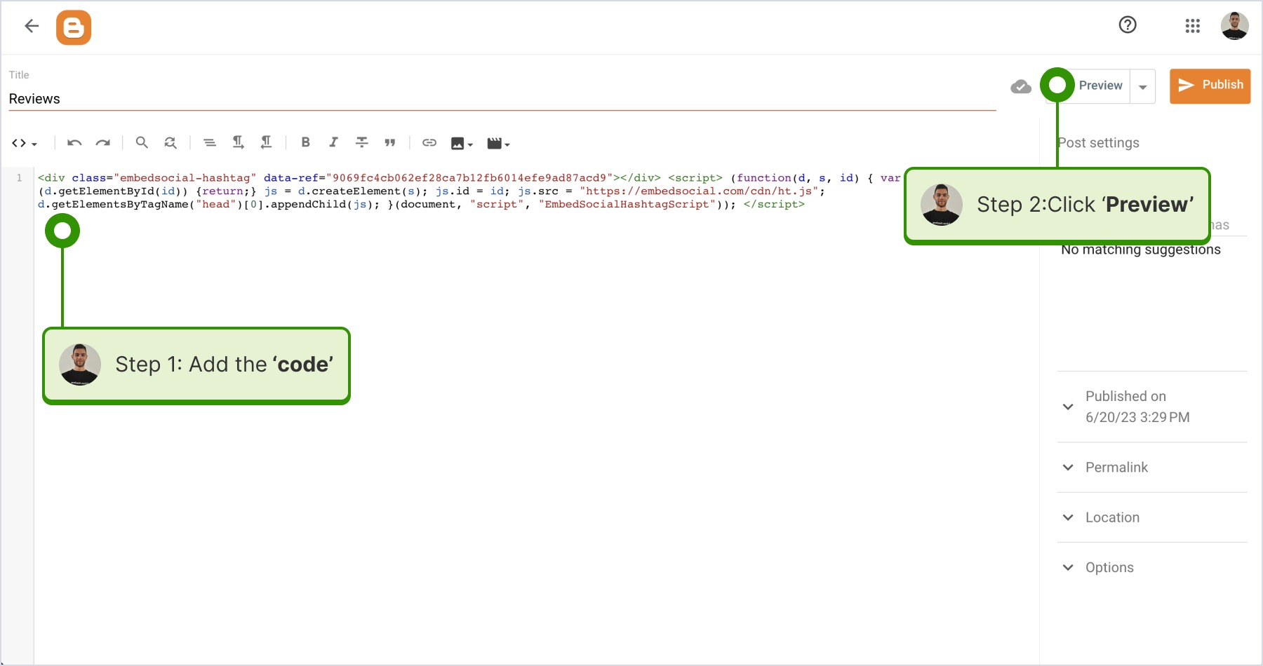 Adding the widget code inside the body section and clicking on the 'preview' button.