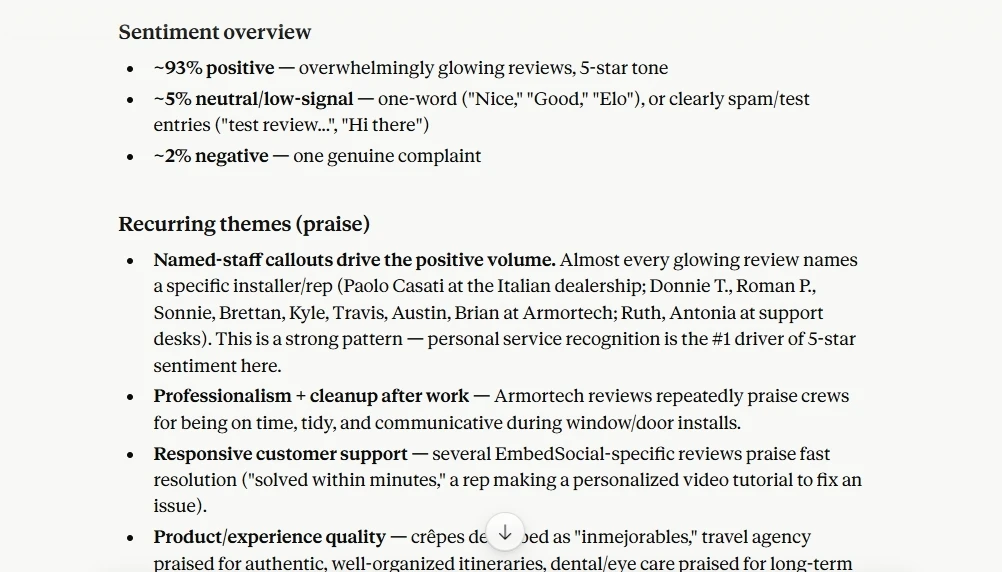 Analyze Google reviews with review sentiment analysis in Claude automation result