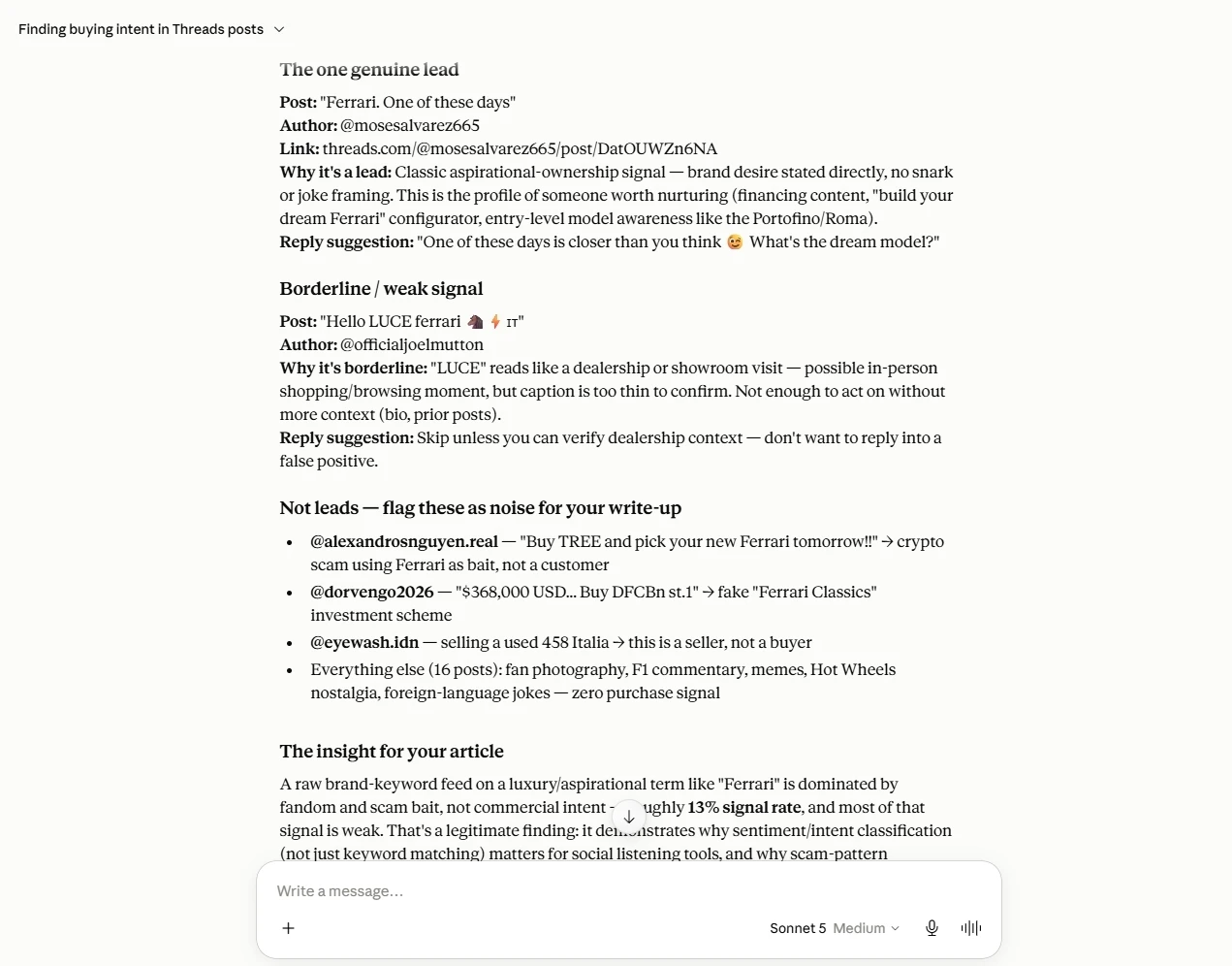 Claude response sorting Threads posts into one genuine sales lead, a borderline signal, and posts flagged as noise, each with a suggested reply