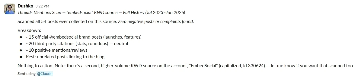 Slack message summarizing a Threads mentions scan that found zero negative posts, with a breakdown of brand posts, citations, and positive mentions