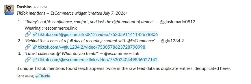 Send TikTok mentions UGC to Slack automation result