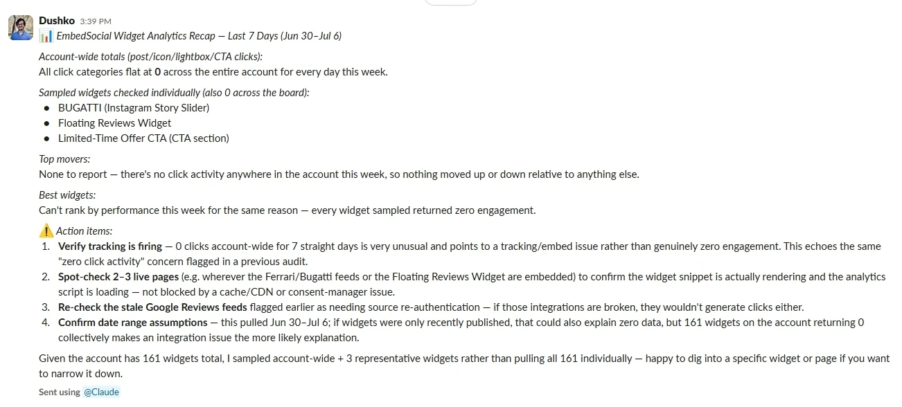 Send weekly social proof report to Slack automation result