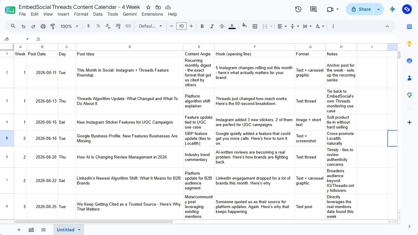 Google Sheets four-week content calendar with post dates, post ideas, content angles, opening hooks, and formats for each Threads post
