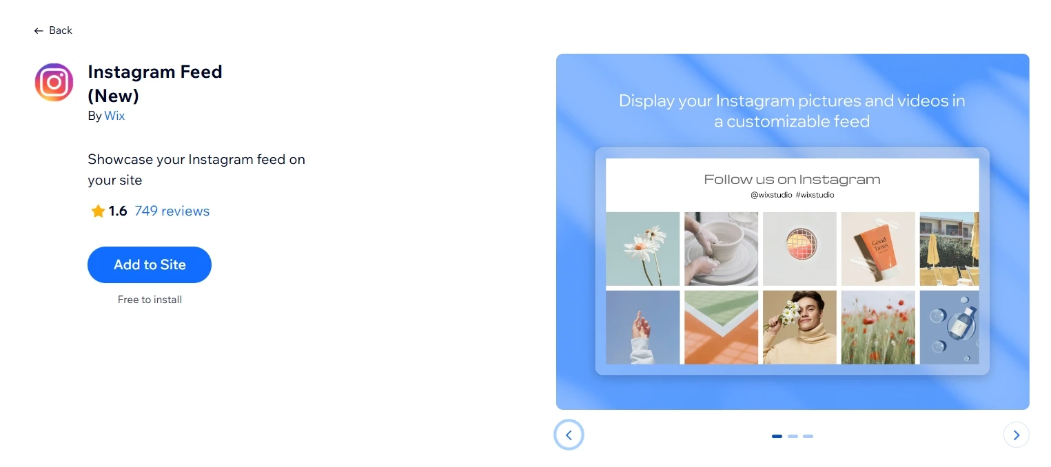 Instagram Feed (New) by Wix in the Wix App Market, rated 1.6 from 749 reviews, with the Add to Site button