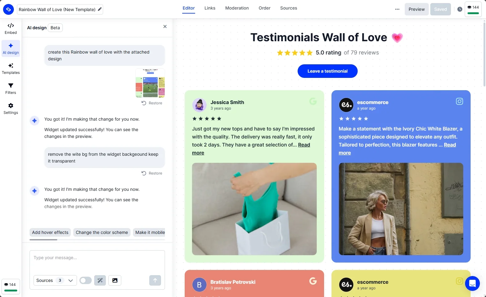 Editor del AI Widget Builder de EmbedSocial