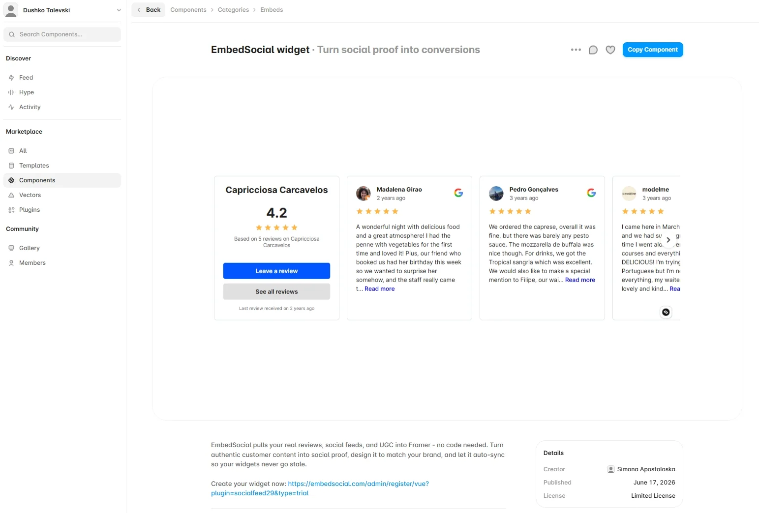 Ficha del componente EmbedSocial en el Framer Marketplace