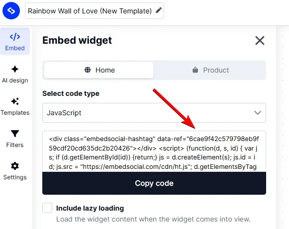 Copia el valor data-ref del widget en EmbedSocial