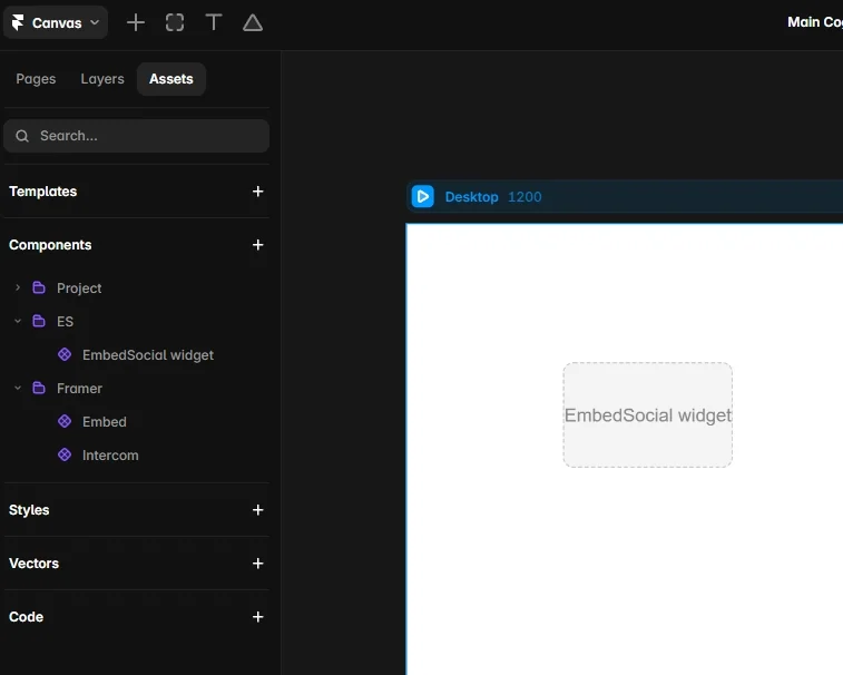 Pega el componente de EmbedSocial en un proyecto Framer