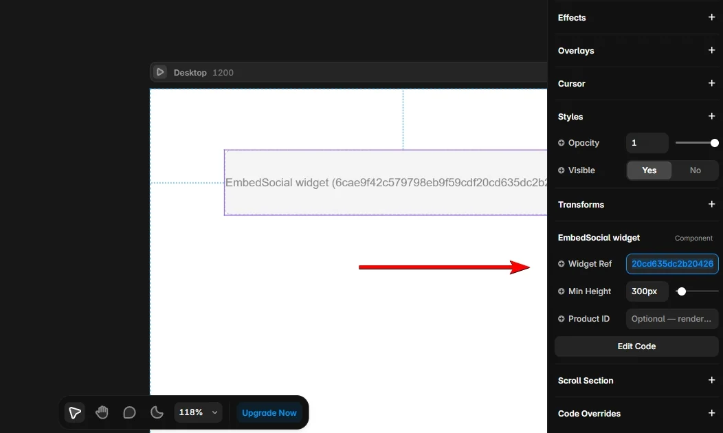 Pega el widget ref de EmbedSocial en el panel de propiedades de Framer