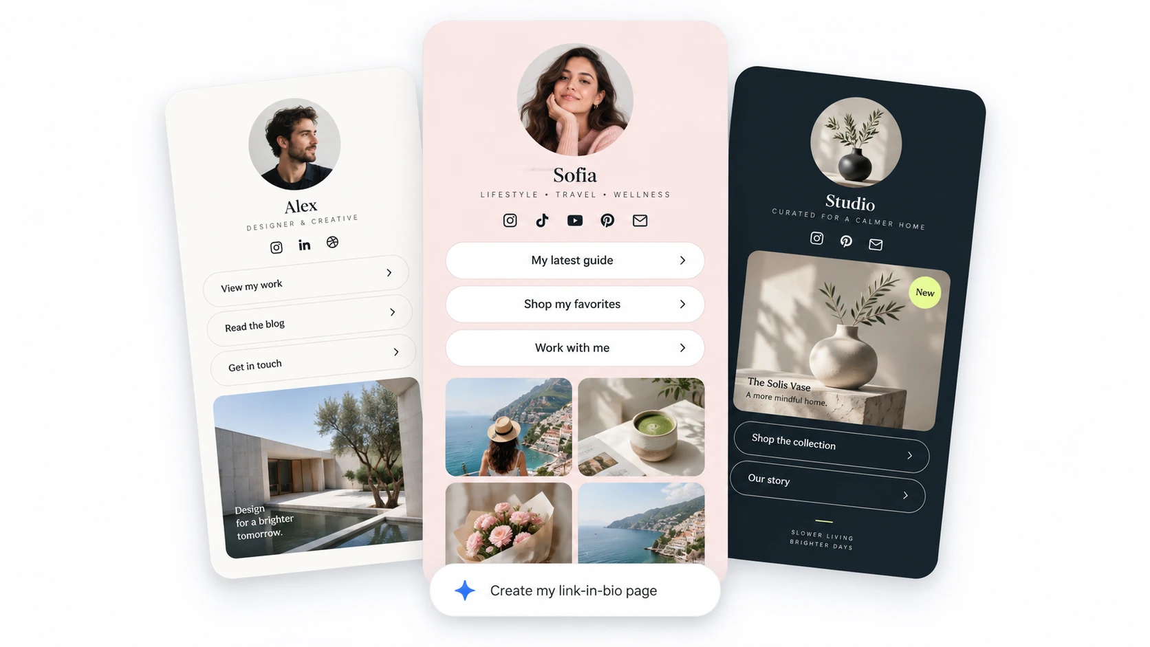 Illustrazioni di pagine link in bio per creator, portfolio e negozi con un prompt IA