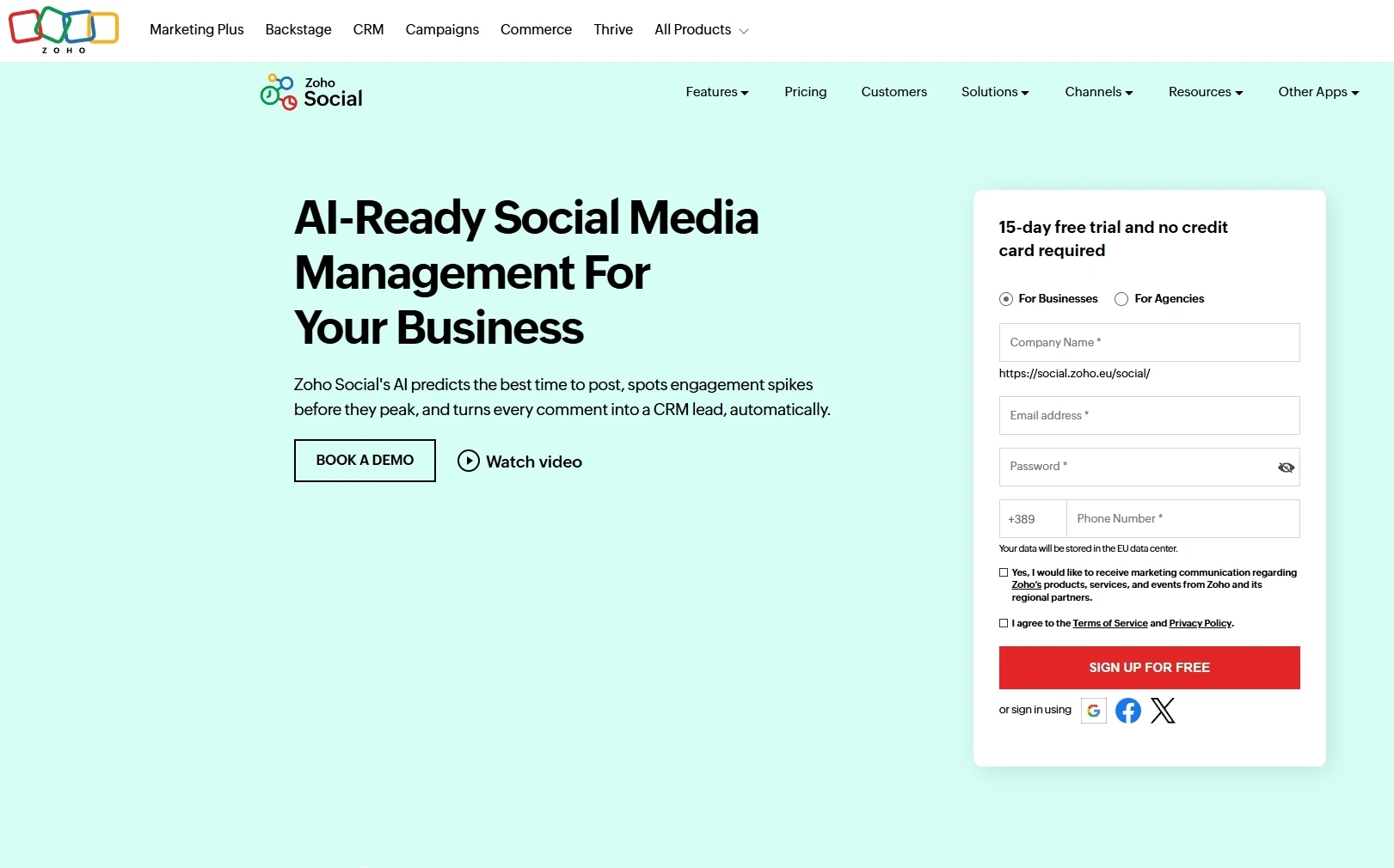 Pagina di Zoho Social
