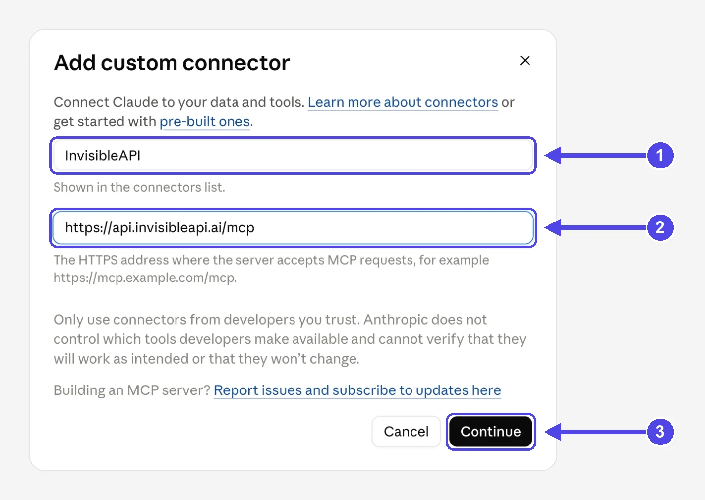 Claude’s custom connector dialog with the name InvisibleAPI and the URL https://api.invisibleapi.ai/mcp filled in