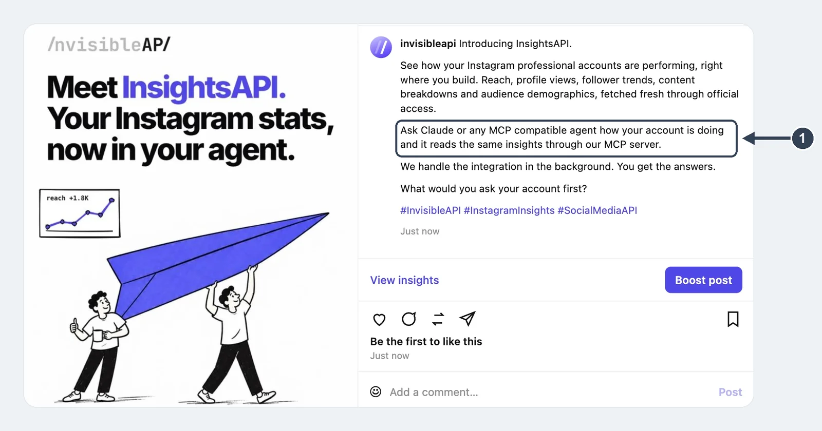 The InsightsAPI launch post live on the @invisibleapi Instagram account, with the caption that mentions Claude and the MCP server