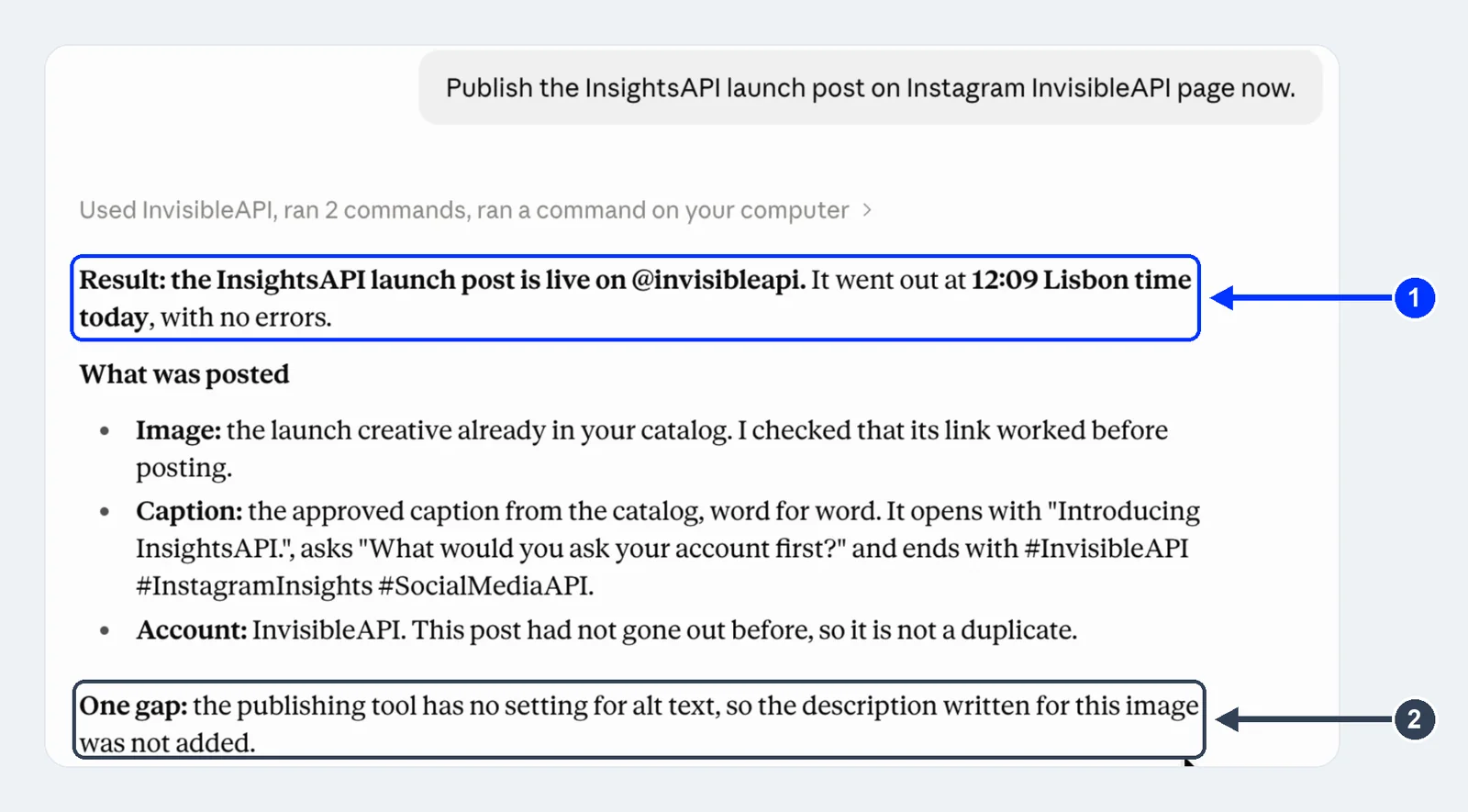 Claude’s answer confirming the post is live, listing the image, caption and account, and flagging that alt text was not added