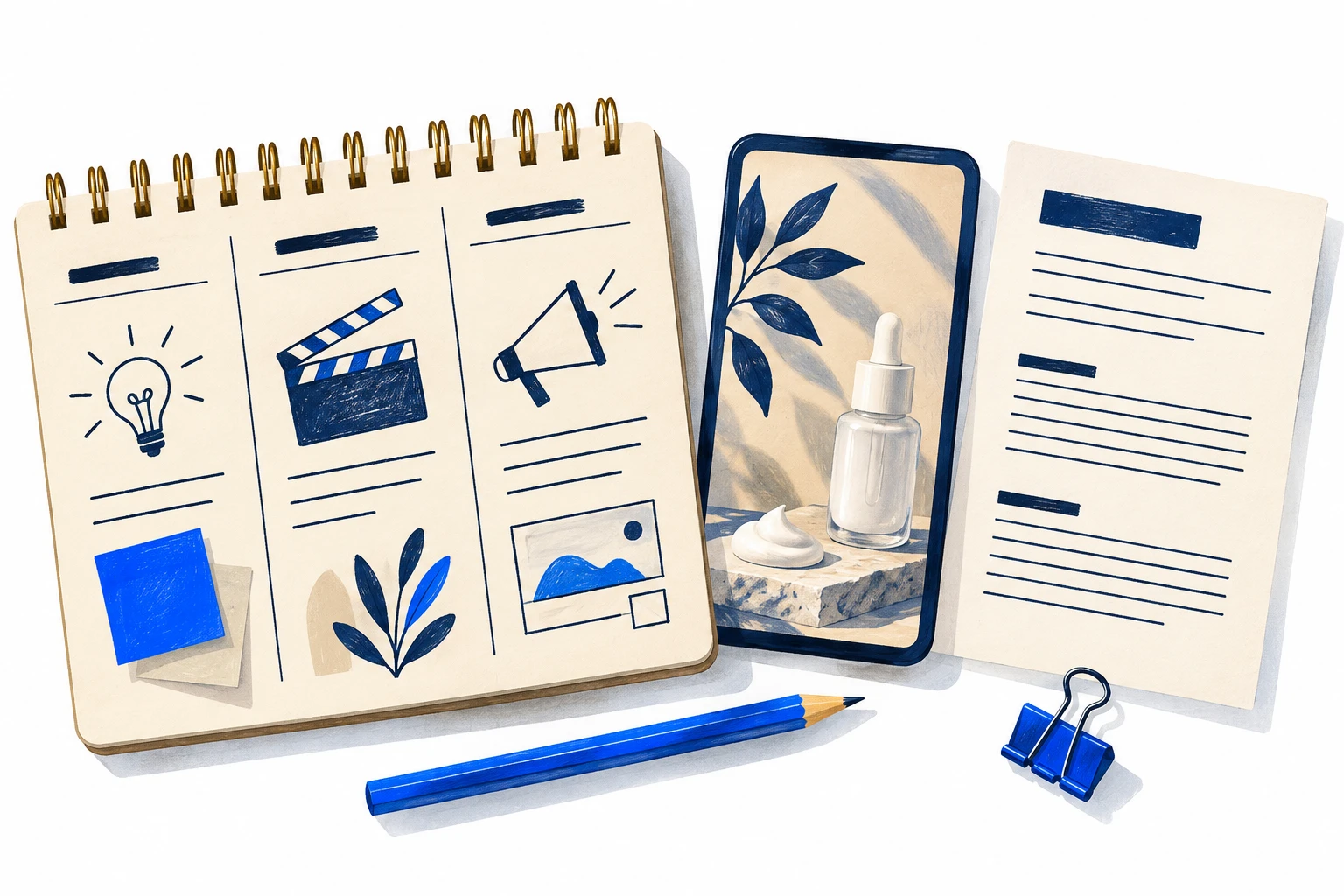 Illustration of a weekly planner, creator video still and report sheet, not measured results
