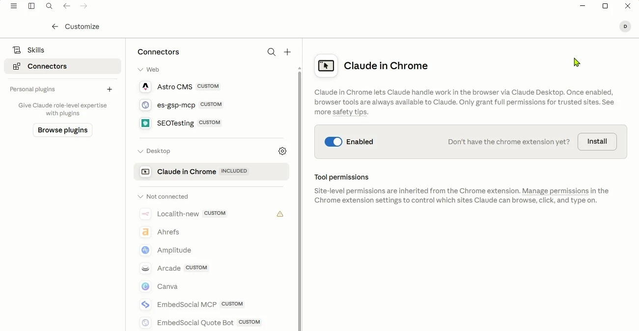 Claude Connectors page opened from the Customize menu